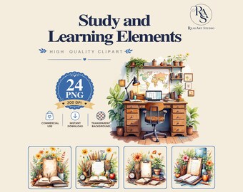 Study and Learning Elements PNG Bundle, education png, clipart png, school png, Watercolor PNG Commercial Use Digital Download
