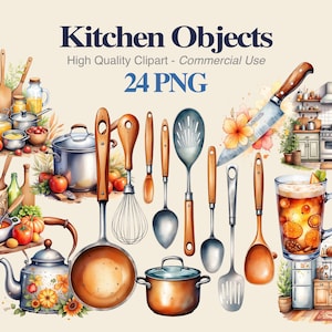 May include: A watercolour illustration of various kitchen objects, including pots, pans, and utensils. The image features the text "Kitchen Objects" and "24 PNG". The style is a mix of watercolour and digital art.