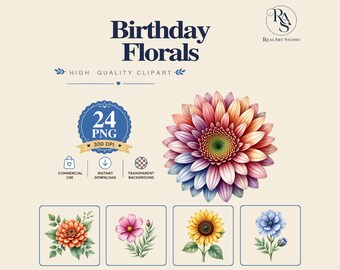 Birthday Florals Clipart PNG Bundle,Gerbera Daisy PNG,Rainbow Bouquet Clipart,Watercolor Birthday Floral,Commercial Use,Digital Download,Par
