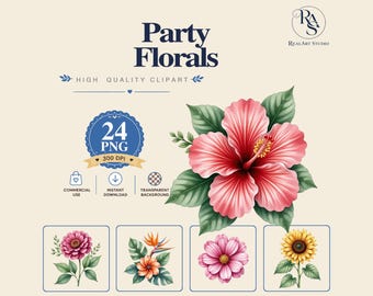Party Florals Clipart PNG Bundle,Tropical Bloom PNG,Bold Gerbera Clipart,Watercolor Party Floral,Commercial Use,Digital Download,Festive Bot