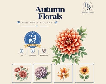 Autumn Florals Clipart PNG Bundle,Orange Dahlia PNG,Chrysanthemum Clipart,Watercolor Autumn Floral,Commercial Use,Digital Download,Fall Bota