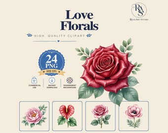 Love Florals Clipart PNG Bundle,Deep Red Rose PNG,Blush Peony Clipart,Watercolor Love Floral,Commercial Use,Digital Download,Romantic Botani