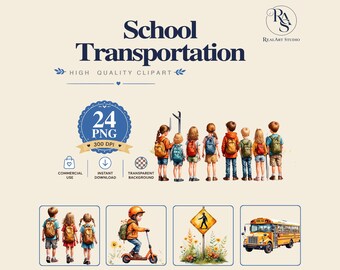 School Transportation PNG Bundle, bus png, transport png, travel png, Watercolor PNG Commercial Use Digital Download
