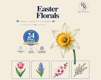 Easter Florals Clipart PNG Bundle,Daffodil PNG,Tulip Clipart,Watercolor Easter Floral,Commercial Use,Digital Download,Spring Holiday Botanic