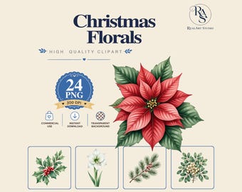 Christmas Florals Clipart PNG Bundle,Poinsettia PNG,Holly Clipart,Watercolor Christmas Floral,Commercial Use,Digital Download,Holiday Botani