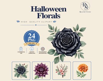 Halloween Florals Clipart PNG Bundle,Black Rose PNG,Dark Dahlia Clipart,Watercolor Halloween Floral,Commercial Use,Digital Download,Spooky B