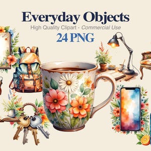 Puede incluir: Ilustración en acuarela de objetos cotidianos, incluyendo una taza de café con diseño floral, una mochila, un cuaderno, un smartphone, una silla, una botella de agua, llaves y lámparas. El texto "Everyday Objects" y "24 PNG" son visibles.