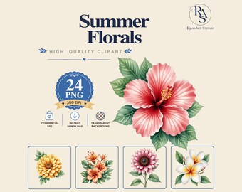 Summer Florals Clipart PNG Bundle,Hibiscus PNG,Zinnia Clipart,Watercolor Summer Floral,Commercial Use,Digital Download,Tropical Botanical