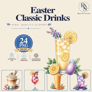 Può includere: Una collezione digitale di clipart Easter Classic Drinks con 24 file PNG. L'immagine principale mostra un bicchiere alto di limonata ghiacciata con una fetta di limone, fiori viola e un uovo viola. Pannelli più piccoli mostrano un latte, un cocktail ai frutti di bosco, succo di carota e una bevanda ai mirtilli.