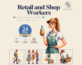 Retail and Shop Workers PNG Bundle, worker png, cashier png, store png, Watercolor PNG Commercial Use Digital Download