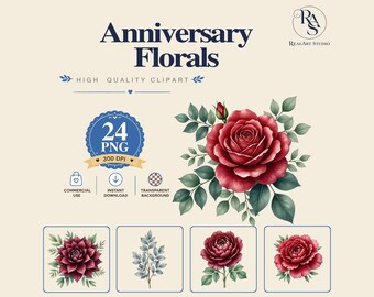 Anniversary Florals Clipart PNG Bundle,Deep Red Rose PNG,Burgundy Dahlia Clipart,Watercolor Anniversary Floral,Commercial Use,Digital Downlo