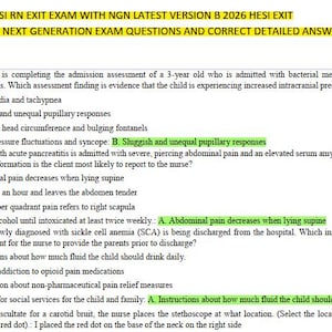 May include: A document with the title "HESI RN EXIT EXAM WITH NGN LATEST VERSION B 2026 HESI EXIT" and exam questions. The text includes questions and multiple-choice answers related to nursing assessments and patient care.