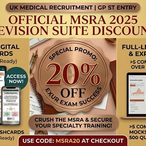 Puede incluir: Imagen promocional para la suite de revisión MSRA 2025, con un 20% de descuento. Presenta tarjetas didácticas digitales y exámenes simulados. Incluye el texto "Use code: MSRA20 at checkout".