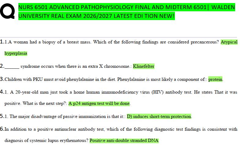 健康・医学 year note 2027 NURS 6501 Advanced Pathophysiology Midterm & Final Exam Bank