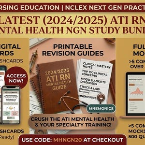 Könnte beinhalten: Werbung für ein Krankenpflege-Studienpaket. Das Bild zeigt digitale Karteikarten, Revisionsleitfäden und Probeexamina. Der Text enthält "Latest (2024/2025) ATI RN Mental Health NGN Study Bundle" und "Access Now!"