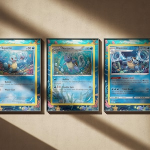 Pokemon Print Set of 3, Squirtle Wartortle Blastoise Wall Art, Evolution Prints, Pokemon Card Poster, Retro Pokemon Gift For Him