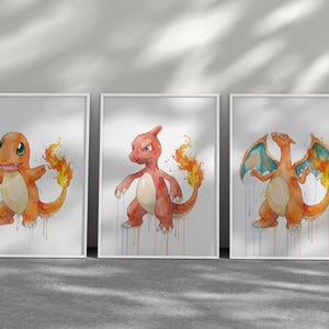 Juego de 3 láminas de Pokémon, láminas de la evolución de Charmander, arte mural de Charizard en acuarela, regalo único para papá.