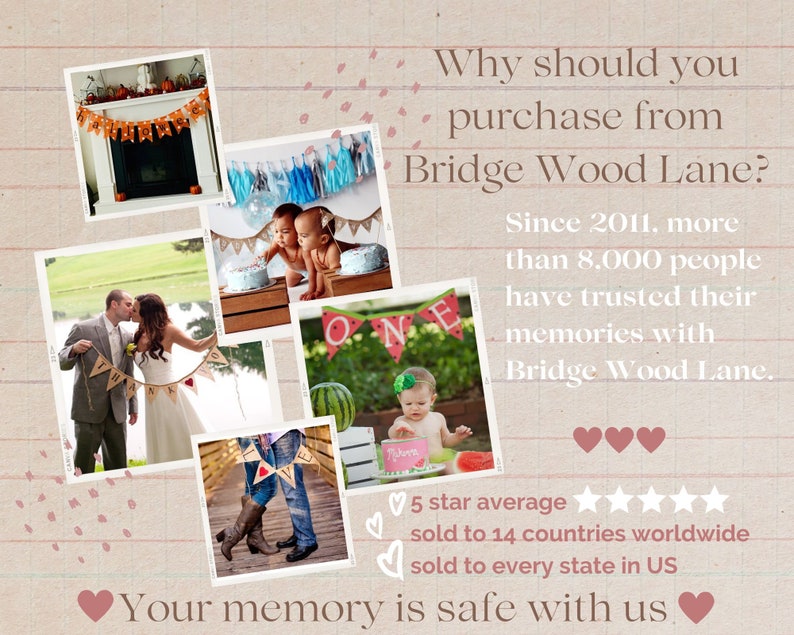 You can trust Bridge Wood Lane with your memories. With more than 8,000 sales in 14 countries around the world and a 5 star average review, Bridge Wood Lane is a trusted purchase for an excellent experience.