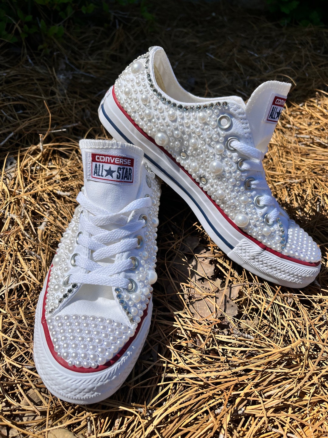 Pearl embellished custom Converse Chuck Taylor high tops tennis shoes