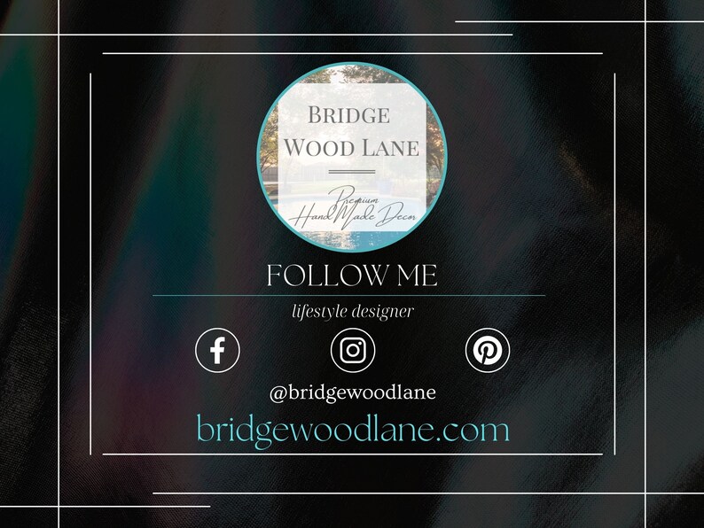 Puede incluir: Un gr&aacute;fico en blanco y negro con el texto "BRIDGE WOOD LANE" en un c&iacute;rculo. El texto "FOLLOW ME" est&aacute; debajo del c&iacute;rculo, y el texto "lifestyle designer" est&aacute; debajo de eso. Los iconos de redes sociales para Facebook, Instagram y Pinterest est&aacute;n debajo del texto. El texto "@bridgewoodlane" y "bridgewoodlane.com" est&aacute;n debajo de los iconos.