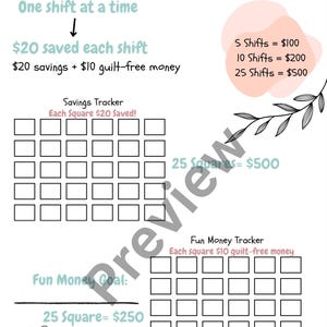 Op de afbeelding: Een witte, afdrukbare financiële tracker getiteld "The $20 Shift Rule" met tekst en vakjes om besparingen bij te houden. De tekst bevat "$20 bespaard per shift" en "$20 besparingen + $10 schuldenvrij geld."