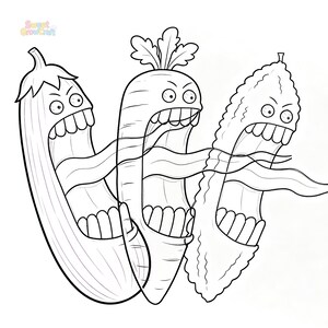 May include: Black and white cartoon illustration of three vegetables with angry faces and open mouths. The vegetables are an eggplant, a carrot, and a cucumber. The image has the text "Sweet Grow Nut" in the upper left corner.