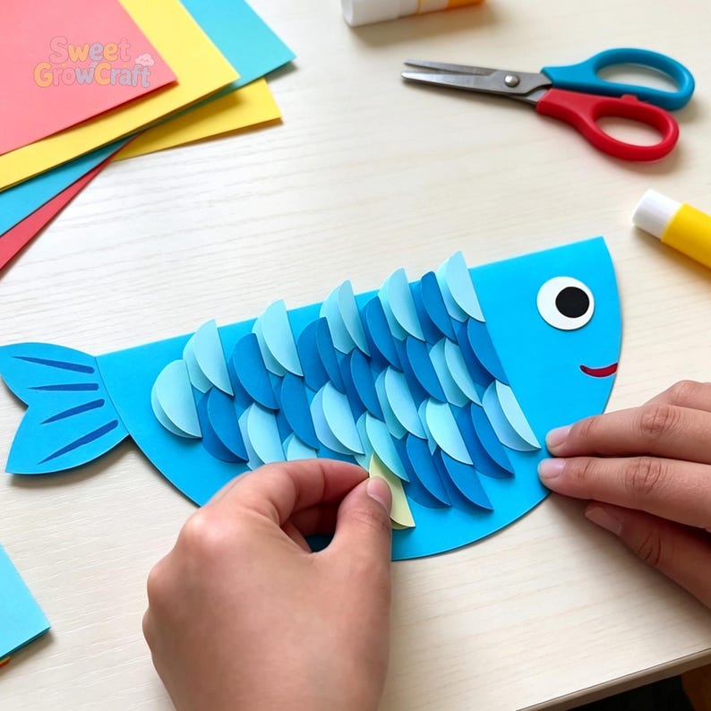 3D Fish Paper Craft DIY Tutorial for Kids, Printable Kids Craft Template, Ocean Craft Digital Download, Toddler Fine Motor Toy PDF image 2