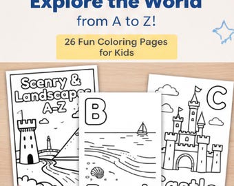 Printable Kids Activity, Alphabet Coloring Sheets, A-Z Landscape Coloring Book, Preschool Learning, ABC Coloring Pages Scenery