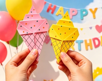 Cute Origami Ice Cream Tutorial | Digital Download | Slow-Motion Fold Video + Printable Step-by-Step Guide, Kids & Party Paper Craft