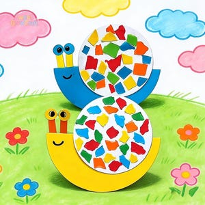 Może przedstawiać: Dwa kolorowe rękodzieła ślimaków z mozaikowymi wzorami muszli. Górny ślimak jest niebieski, a dolny żółty. Muszle zdobione są czerwonymi, pomarańczowymi, zielonymi i niebieskimi kawałkami mozaiki. Tło przedstawia zielony trawnik, kwiaty i kolorowe chmury.