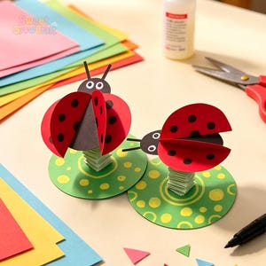 May include: Two paper ladybug crafts featuring red wings with black spots, black heads with white eyes, and antennae. Each ladybug is mounted on a green circular base with yellow dots using a folded paper spring. Craft supplies are visible nearby.