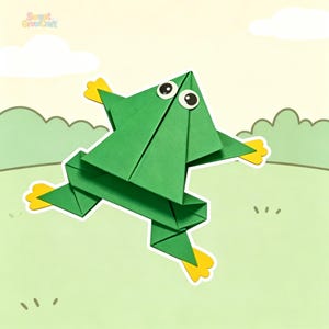 Puede incluir: Una rana de origami verde con patas amarillas y ojos blancos y negros. La rana salta sobre un fondo verde claro con un diseño de dibujos animados. El texto "Sweet GrowCraft" está en la esquina superior izquierda.