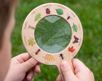 Custom Kids Magnifying Glass, Nature Explorer Toy for Toddlers, Wooden Montessori Bug Observer, Outdoor Play Forest School Gear