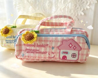 Cute Fabric Pencil Pouch with Crochet Sunflower Charm, Kawaii Pink Yellow Pencil Case, Back to School Gift for Girls, Sister, Best Friend
