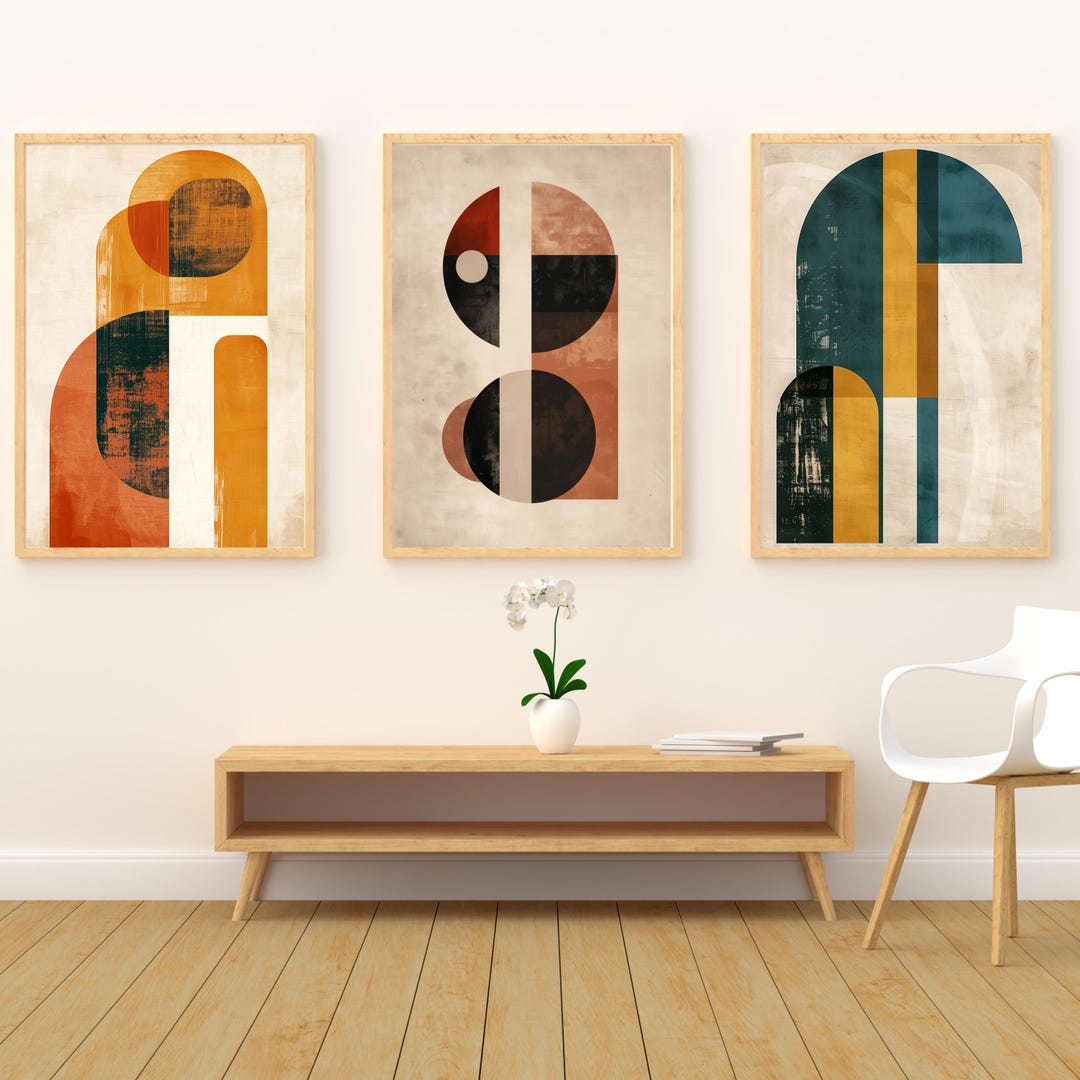 Set of 3 Mid Century Modern Abstract Wall Art, Retro Geometric Poster ...