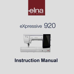 May include: An image of a white Elna eXpressive 920 sewing machine with a black screen. The text "Instruction Manual" is below the machine. The Elna logo is at the top of the image.