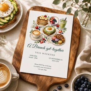 May include: A rectangular invitation card titled A Brunch get-together featuring watercolour illustrations of pancakes, avocado toast, a croissant, macarons, berries, coffee, and a green smoothie. The text includes date, time, and location details.