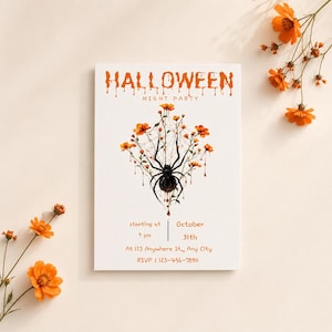 以下が含まれることがあります： HALLOWEEN NIGHT PARTY, starting at 9 pm, October 31st, at 123 Anywhere St., Any City, RSVP: 123-456-7890とオレンジ色の文字が書かれた白いハロウィーンパーティーの招待状。中央にはクモの巣とオレンジ色の花の中にいる黒いクモのイラストが描かれています。