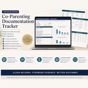 Könnte beinhalten: Ein digitales Dokumentations-Tool für Co-Parenting auf einem Laptop-Bildschirm, das eine 37-seitige Tabelle, ein automatisches Dashboard sowie Protokolle für Erziehungszeiten, Kommunikation und Ausgaben umfasst, inklusive Diagrammen.