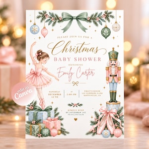 Pode incluir: Um convite de chá de bebê de Natal para Emily Carter com uma bailarina em tutu rosa, um quebra-nozes, caixas de presente e sapatilhas de balé. O texto inclui detalhes do evento, data, hora e local.