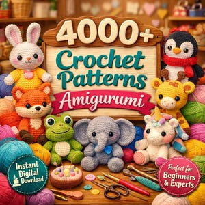 Op de afbeelding: Een verzameling kleurrijke gehaakte amigurumi dieren, waaronder een konijn, een vos, een kikker, een olifant, een eenhoorn, een giraffe en een pinguïn. De afbeelding bevat de tekst "4000+ Crochet Patterns Amigurumi" en "Directe digitale download". Een bord leest "Perfect voor beginners & experts".