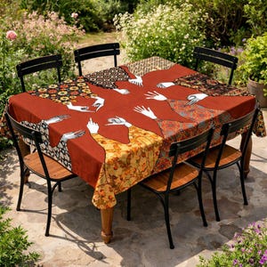 Rostfarbene rechteckige Tischdecke (55 x 79 Zoll), Tischdecke mit Volkskunst-Print, Terrakotta-Patchwork im georgianischen Stil, Herbstliche Tischdekoration für 6 Personen
