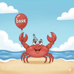 May include: A cartoon illustration of a smiling red crab wearing a party hat and holding a red balloon with the word "DARE" on it. The crab is on a sandy beach with the ocean and blue sky in the background.