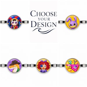 May include: Five circular bracelets with black cords and silver-toned metal settings. Each features a unique cartoon character illustration, including a jester, a purple rabbit, a reptile in a hat, a doll with red hair, and a geometric shape. Text reads CHOOSE YOUR DESIGN.