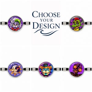 May include: Five circular bracelets featuring colorful character illustrations including a wolf, a crocodile, a sun and moon figure, a bear, and a robotic skeleton. The text CHOOSE YOUR DESIGN is centered above the bracelets on a white background.
