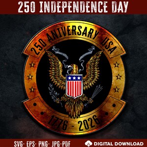 Paquete de imágenes SVG del 250 aniversario de EE. UU., imágenes prediseñadas de águila patriótica y bandera estadounidense (descarga digital)