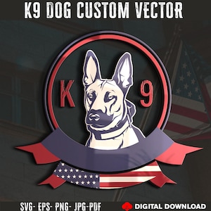 May include: A K9 dog custom vector design featuring a dog's head within a circular emblem. The design incorporates red, white, and blue colors, with the text "K9 DOG CUSTOM VECTOR" at the top. The design includes the text "K" and "9".