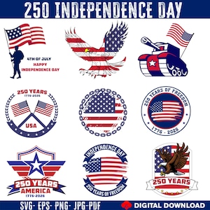 Paquete de archivos SVG del 250 aniversario de EE. UU. (1776-2026), diseños para Cricut e impresión del Día de la Independencia.