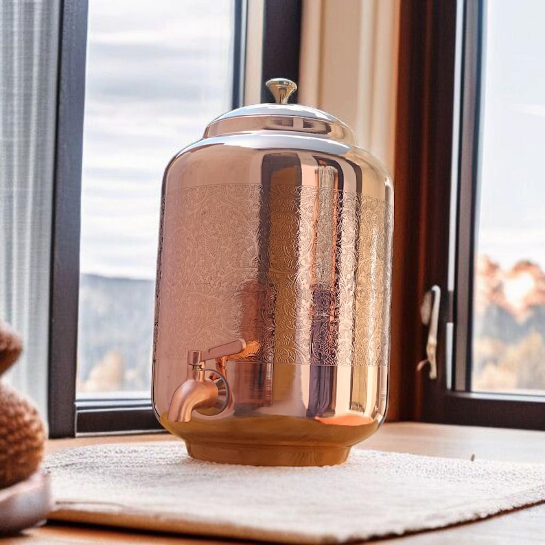 Engraved Copper Water Dispenser, Copper Pitcher, Handmade Embossed Drinkware Container, Copper Jug, Copper Water Container, Eco Friendly image 4