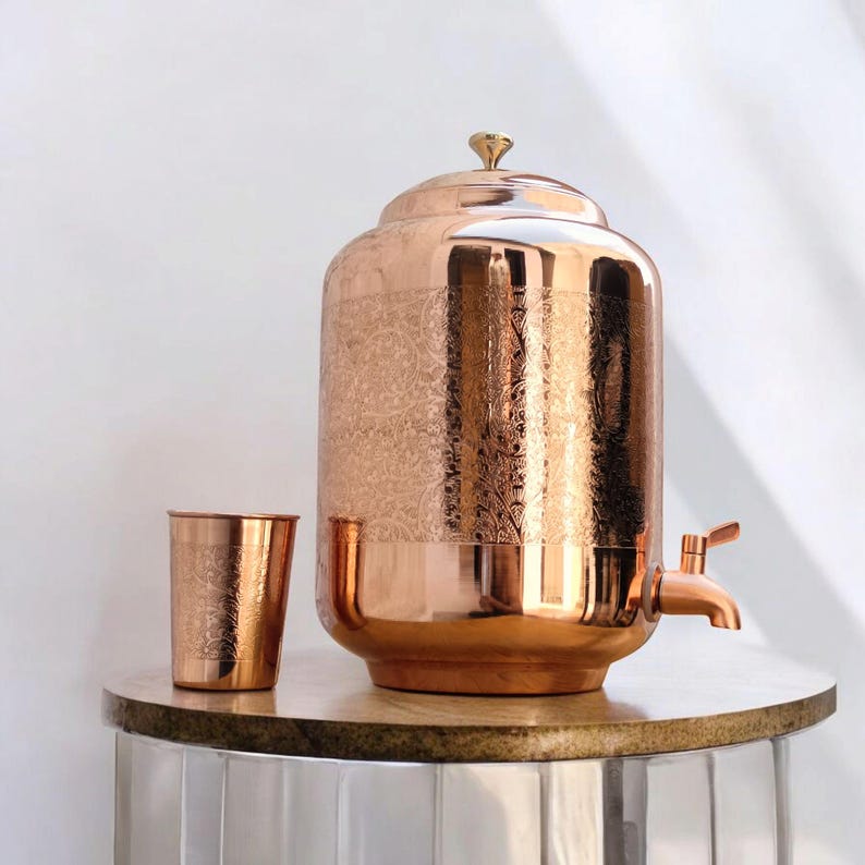 Engraved Copper Water Dispenser, Copper Pitcher, Handmade Embossed Drinkware Container, Copper Jug, Copper Water Container, Eco Friendly image 6